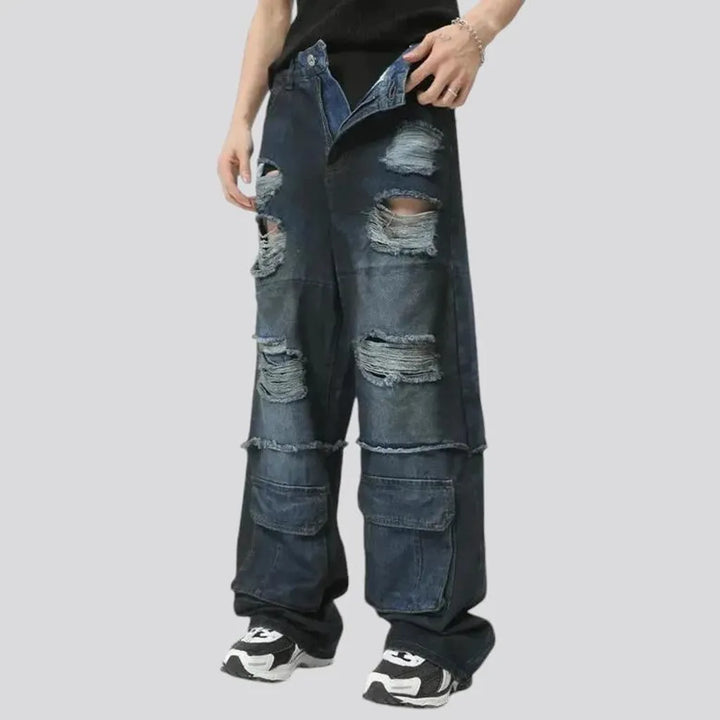 Distressed dark wash baggy jeans for men