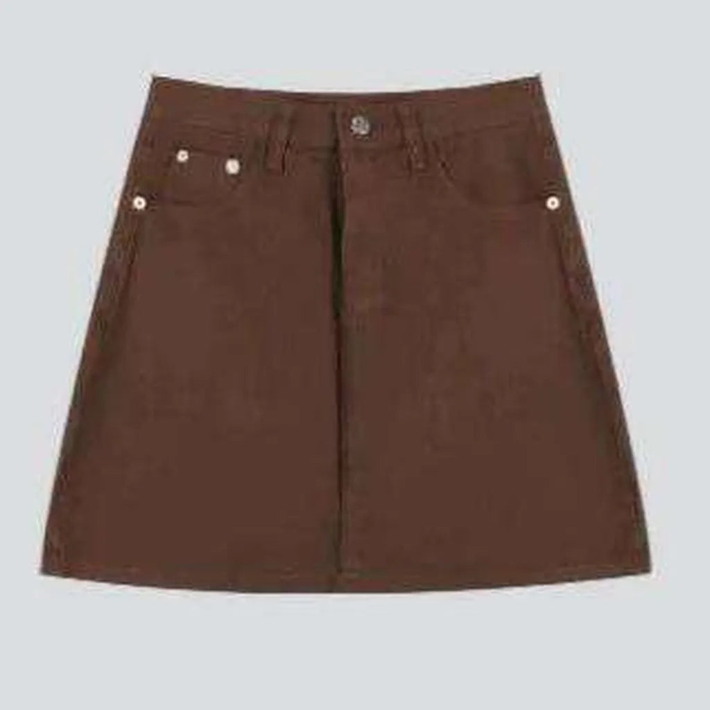 Star embroidery brown denim skirt