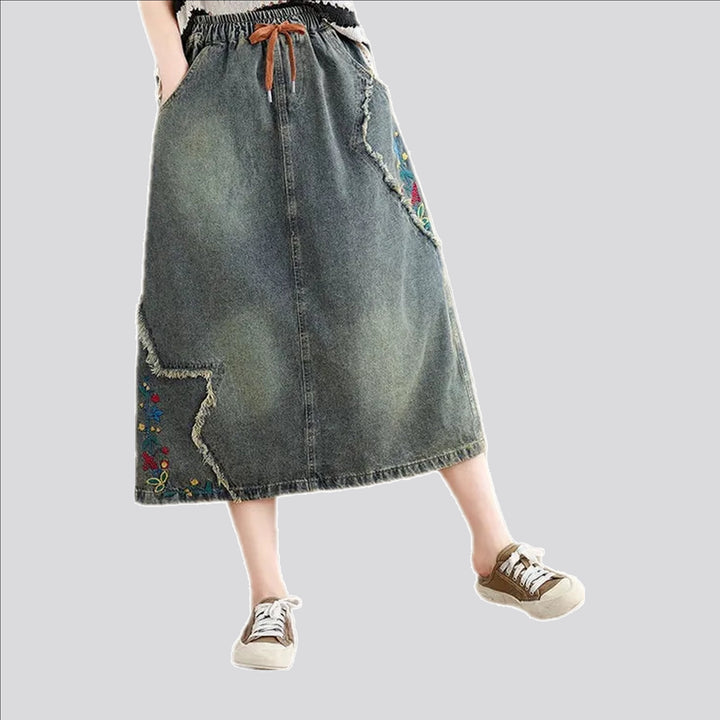 Maxi length embroidered jeans skirt