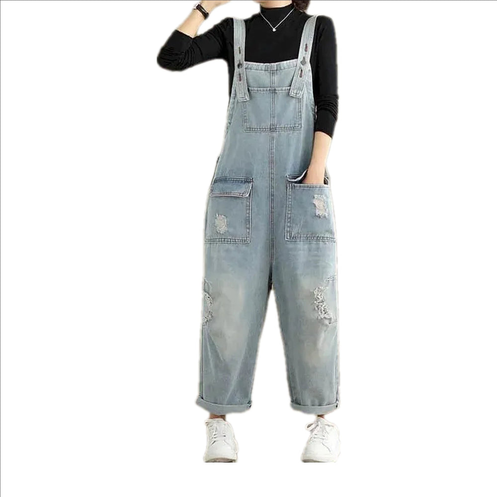 Cuffed Denim Overall for Women - Light Blue