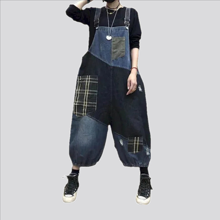 Chic boho checkered fit denim bib for women