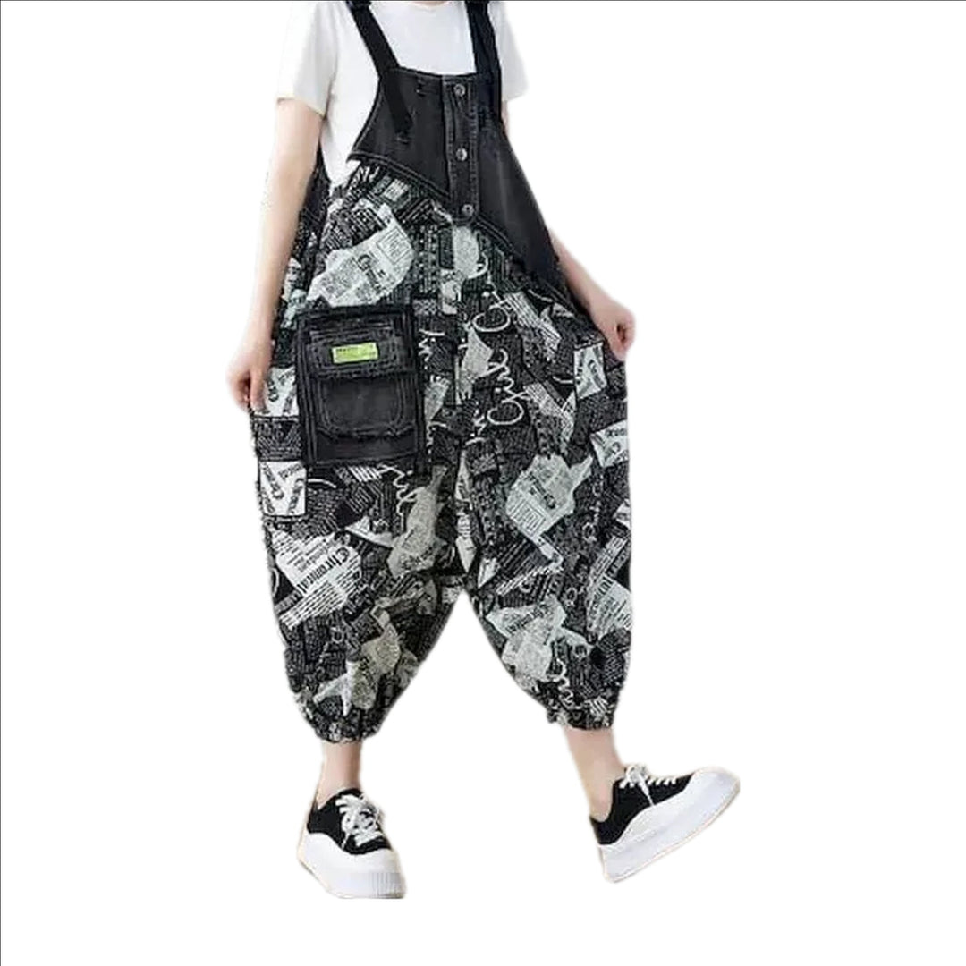 Urban Print Baggy Fashion Women's Denim Overall - Black