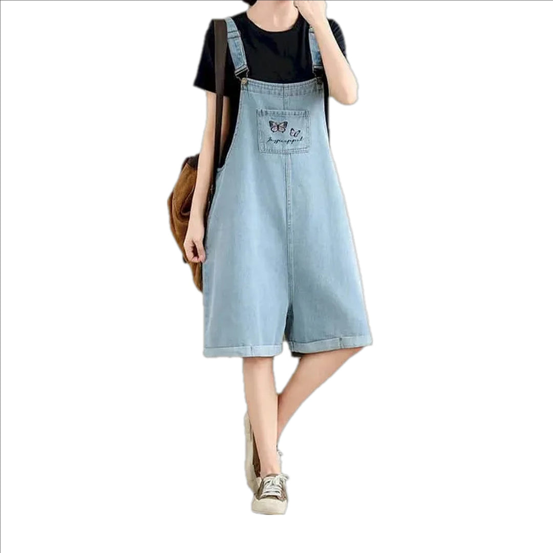 Embroidered Women's Denim Overall - Light Blue