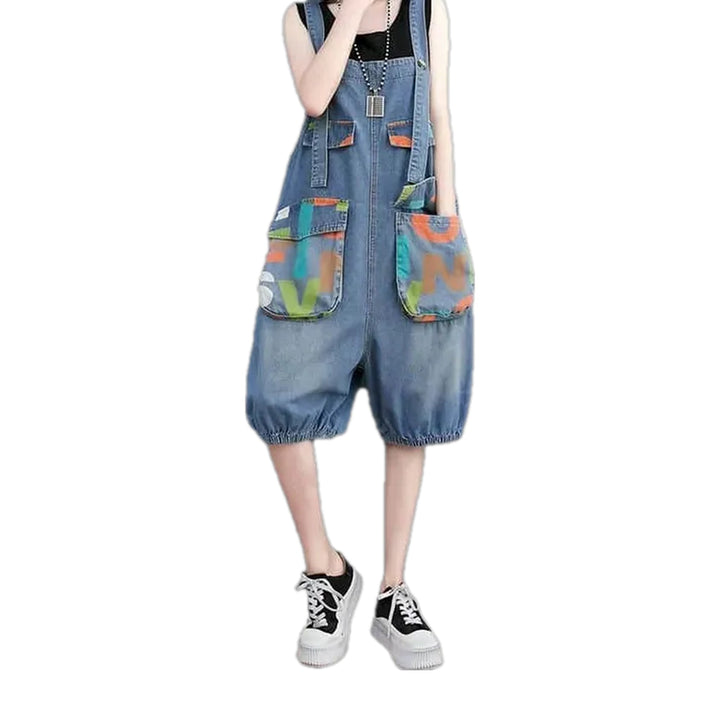 Lightweight Street Art Baggy Women's Jean Romper - Light Blue