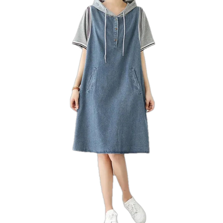 Banded Blouson Jeans Dress - Light Blue