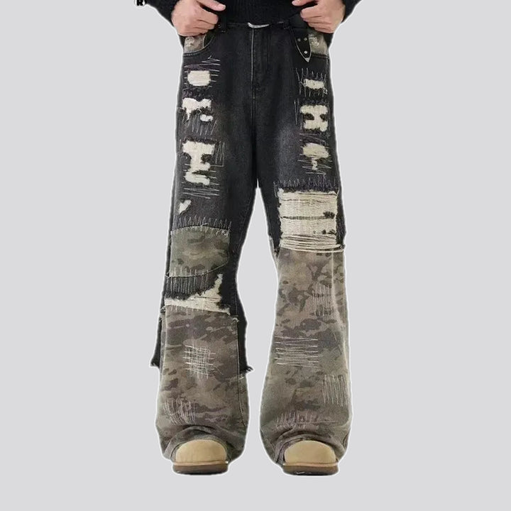 Reworked mixed colors boho men's jeans