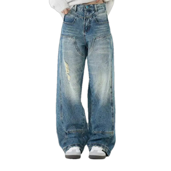 Sanded Torn Boho Street Men's Jeans - Blue