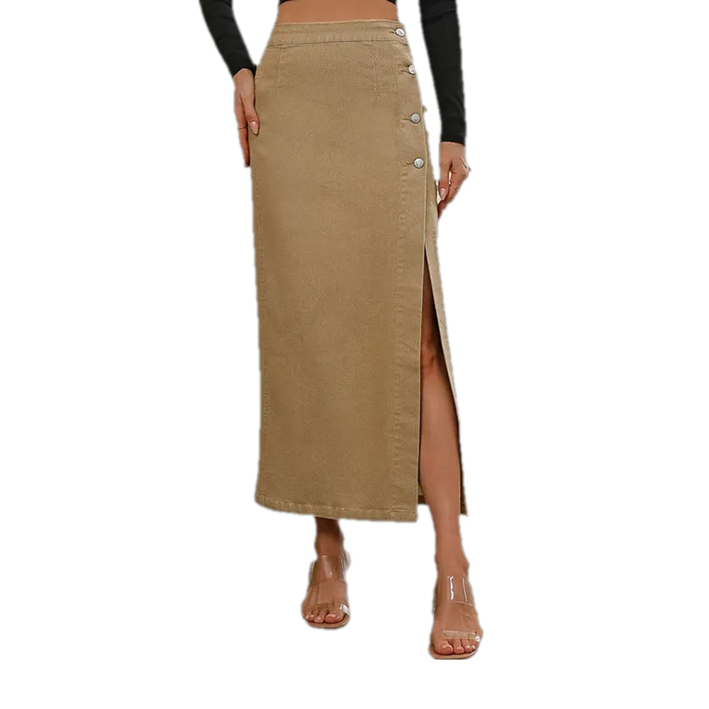 Trendy High-waist Side Vent Denim Skirt - Sand