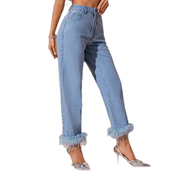 High Rise Feather Hem Women's Jeans - Light Blue