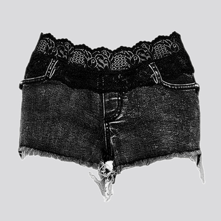 Elastic stitched design denim shorts for ladies