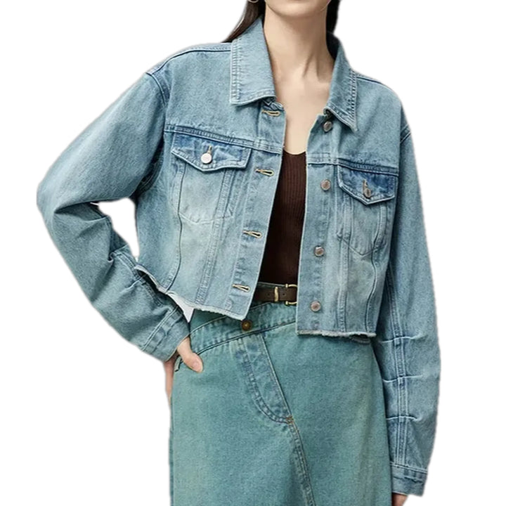 Light Stonewashed Cropped Women's Denim Jacket - Light Blue