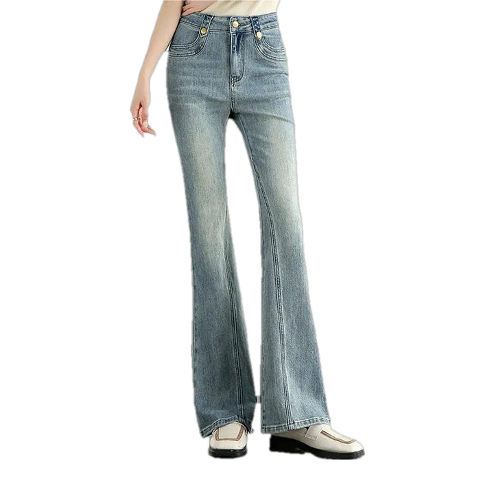 Fashionable Mid-waist Creased Women's Jeans - Light Blue