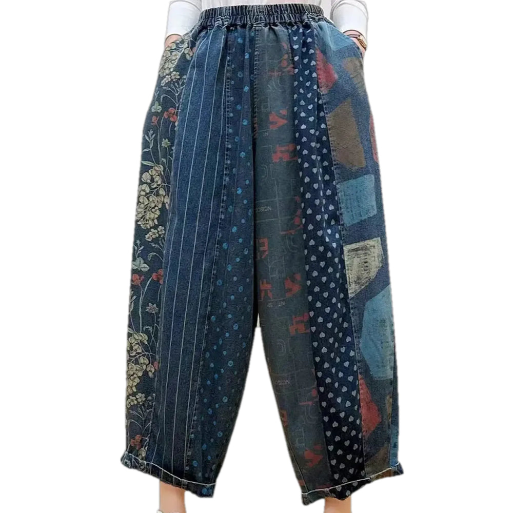 Boho Style Denim Joggers for Ladies - Dark Blue