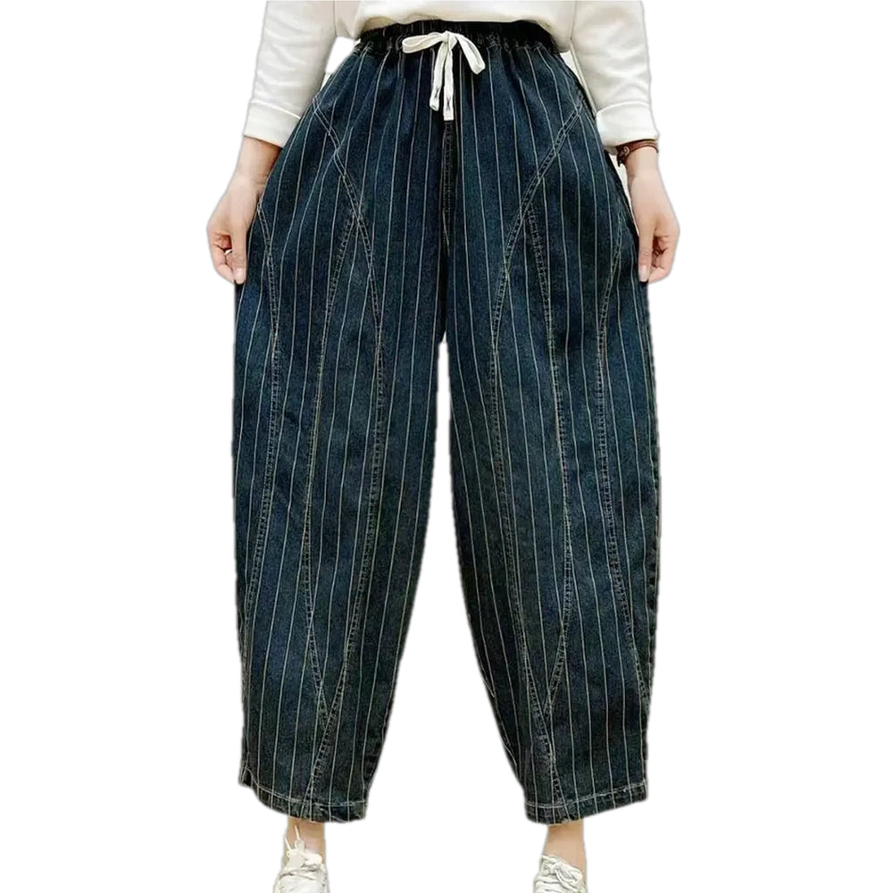 Baggy Medium Rise Striped Women's Denim Joggers - Dark Blue