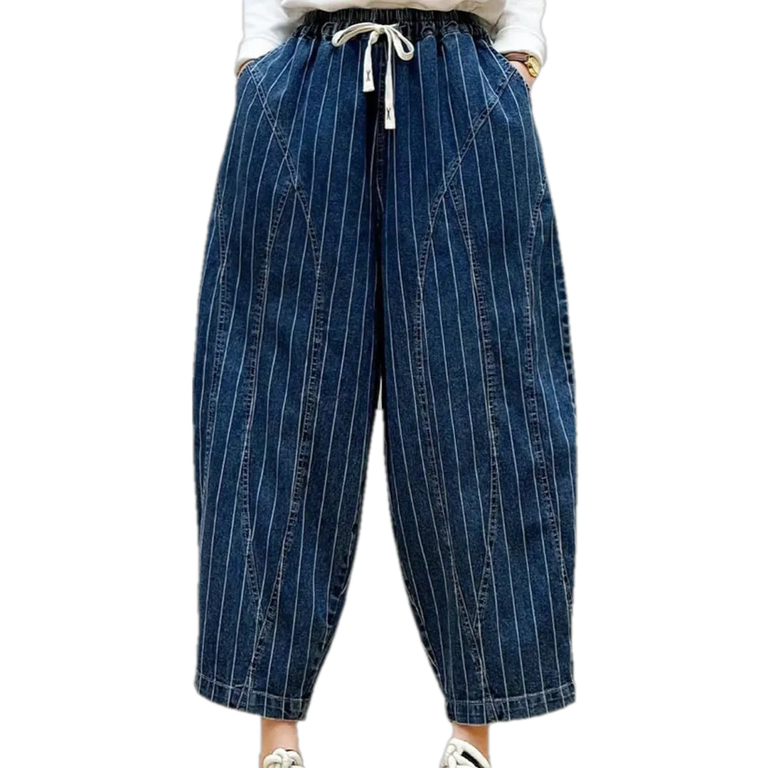 Baggy Medium Rise Striped Women's Denim Joggers - Blue