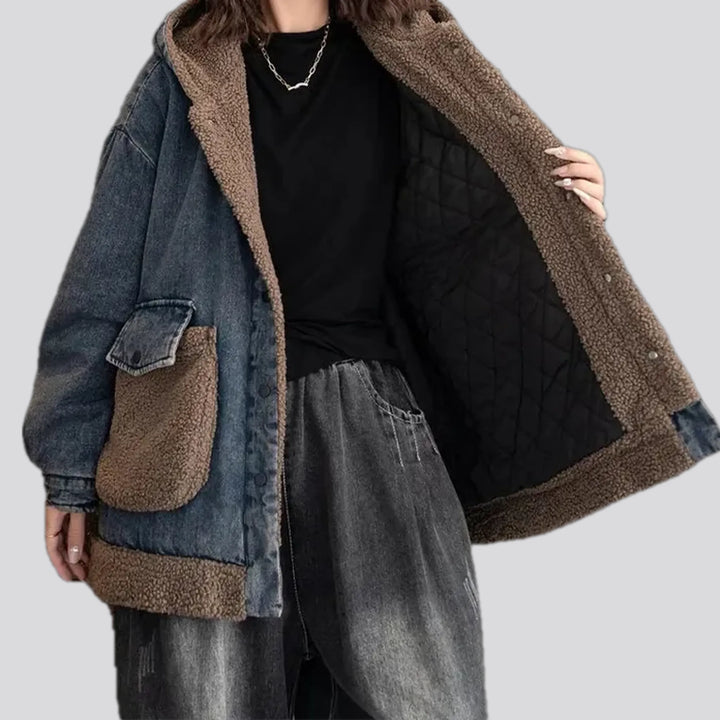 Boho style fur trim women's jean chore jacket