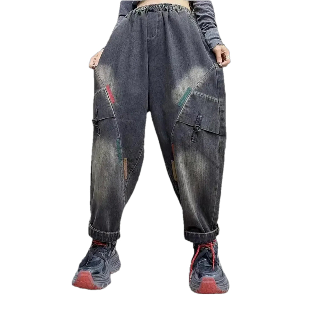 Mid Waist Retro Fashion Denim Joggers for Women - Grey