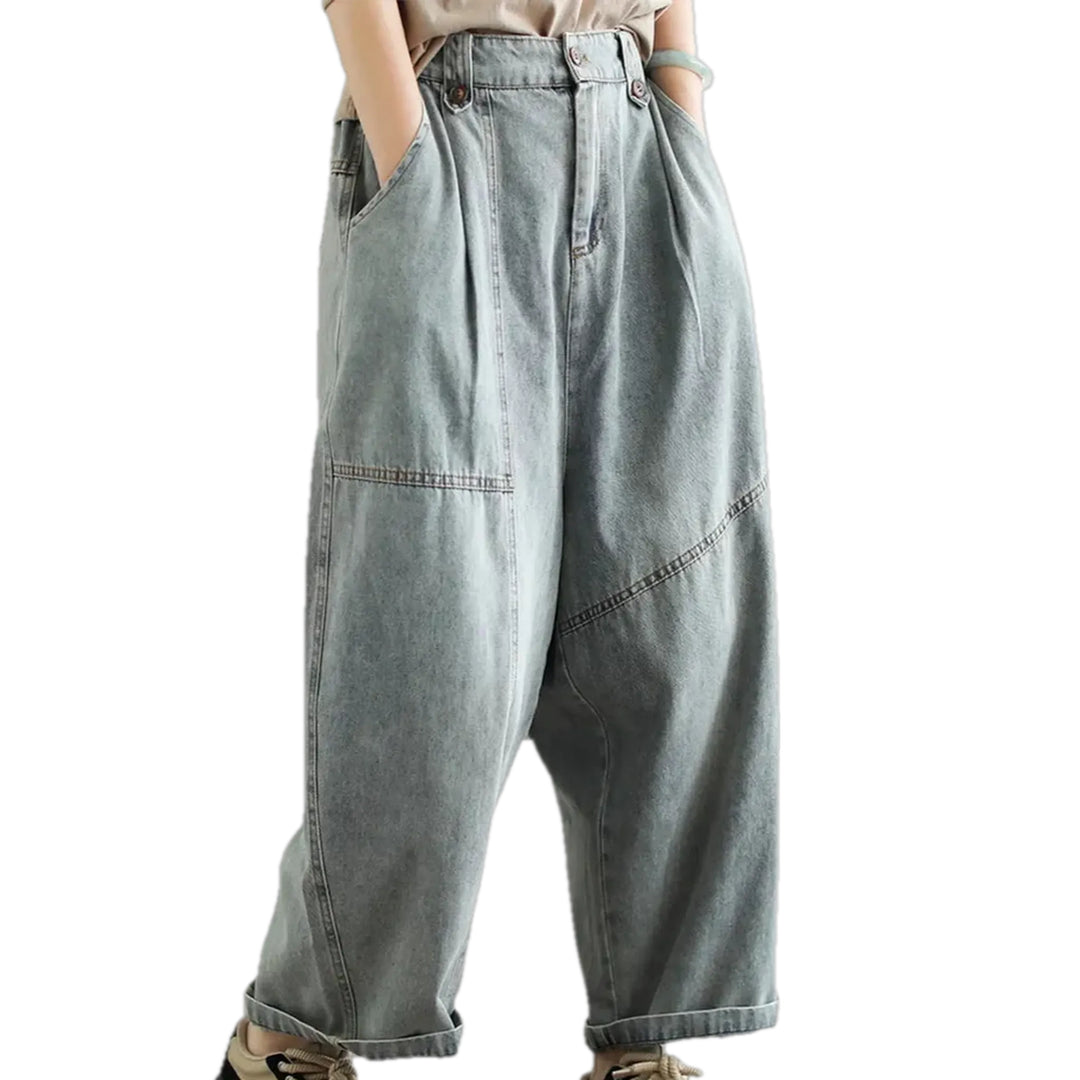 Contrast Boho Style Women's Denim Pants - Light Blue