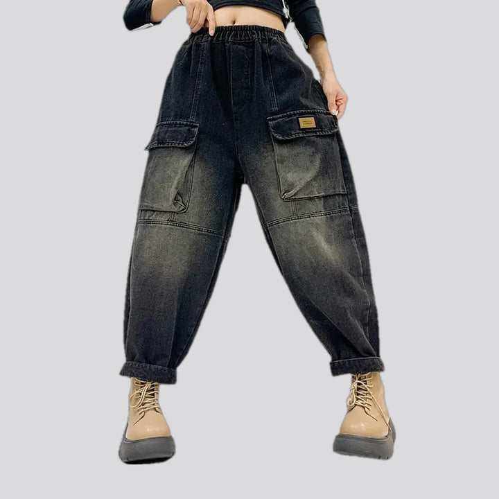 Baggy fit cargo pocket denim joggers for women