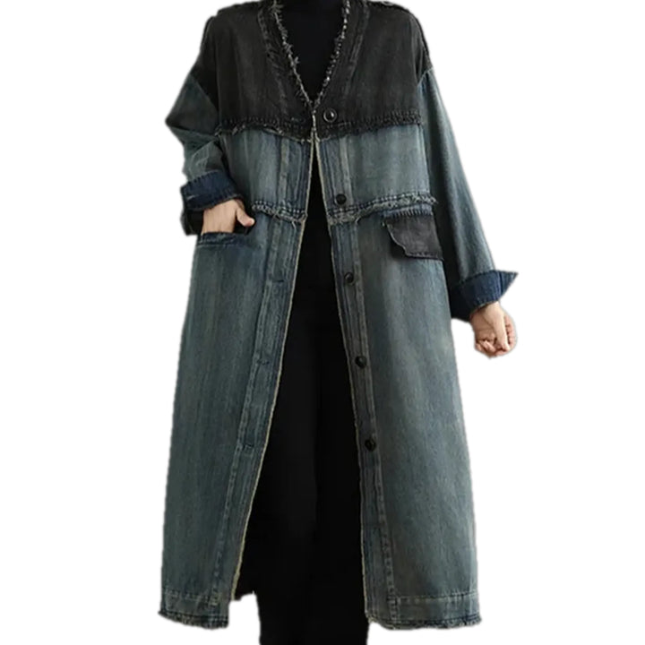 Extra-large Mixed Pattern Women's Denim Coat - Blue