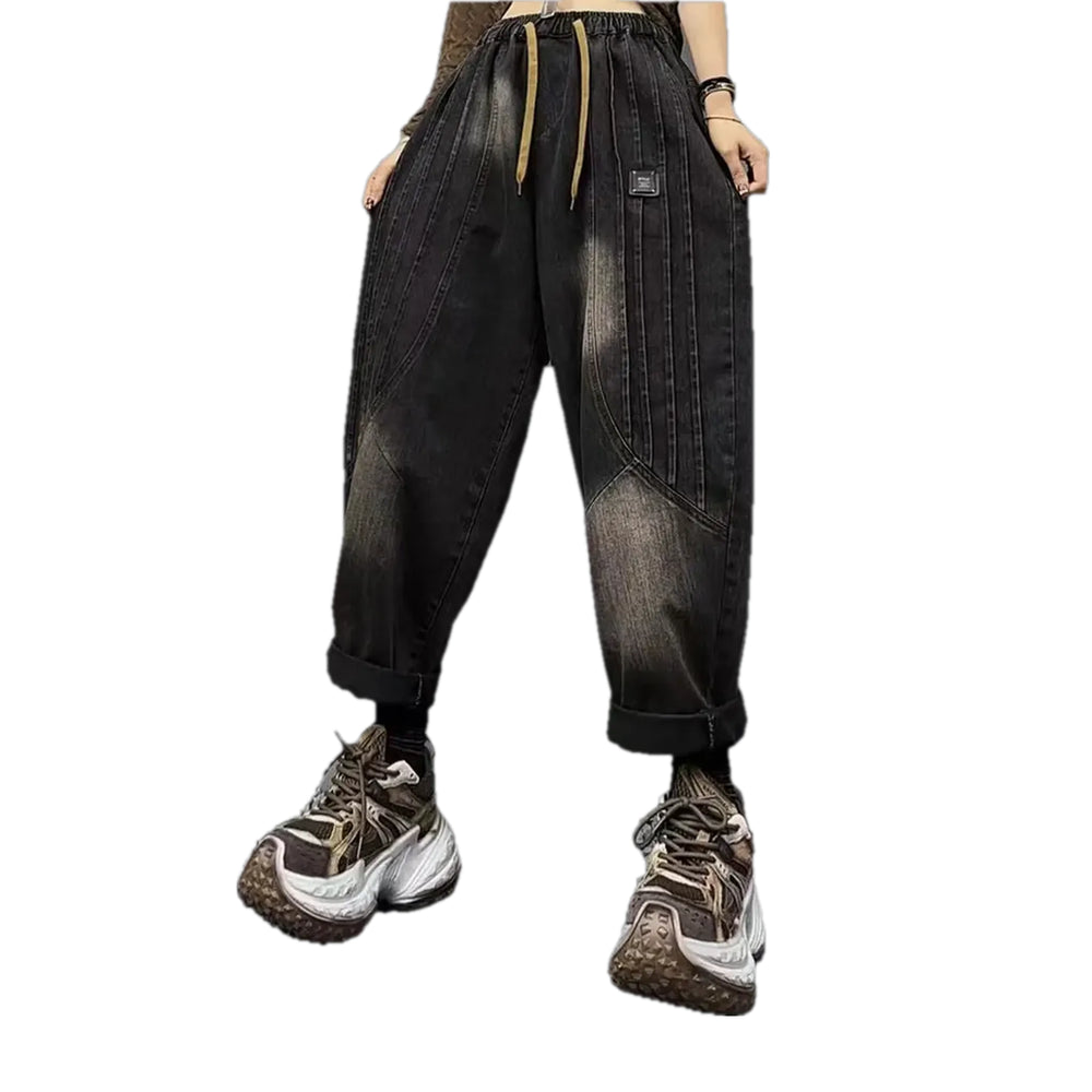 Retro Boho Fashion Faded Women's Denim Joggers - Black