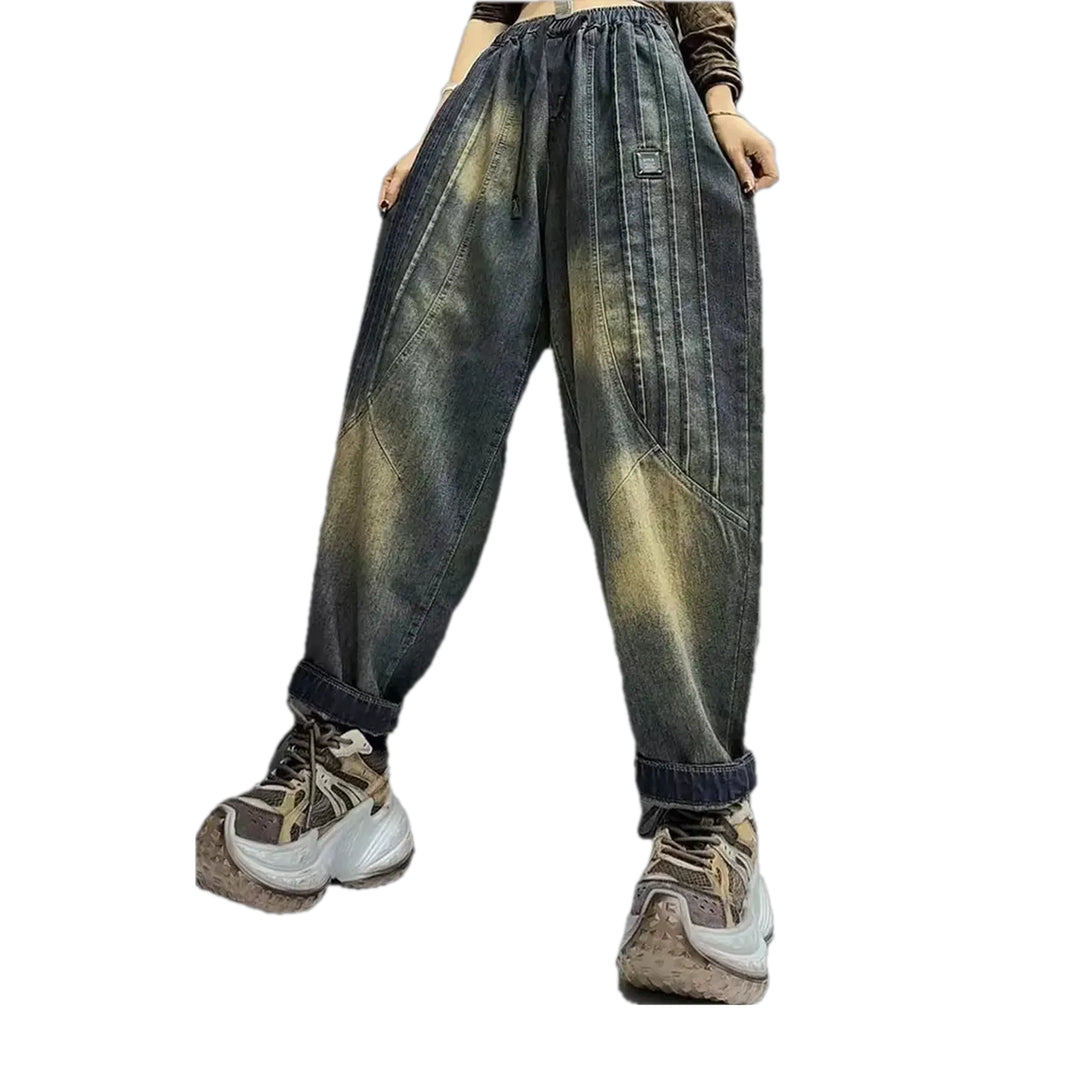 Retro Boho Fashion Faded Women's Denim Joggers - Blue