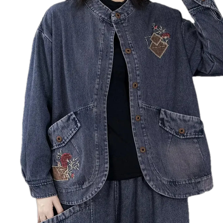 Embroidered Jeans Chore Jacket for Ladies - Blue