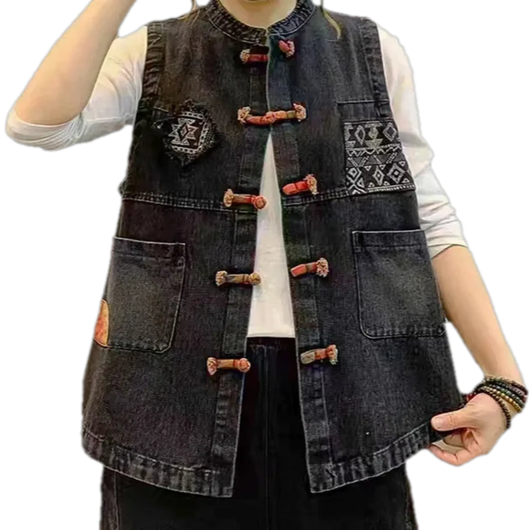 Trendy Retro Mixed Patchwork Jeans Vest for Ladies - Black