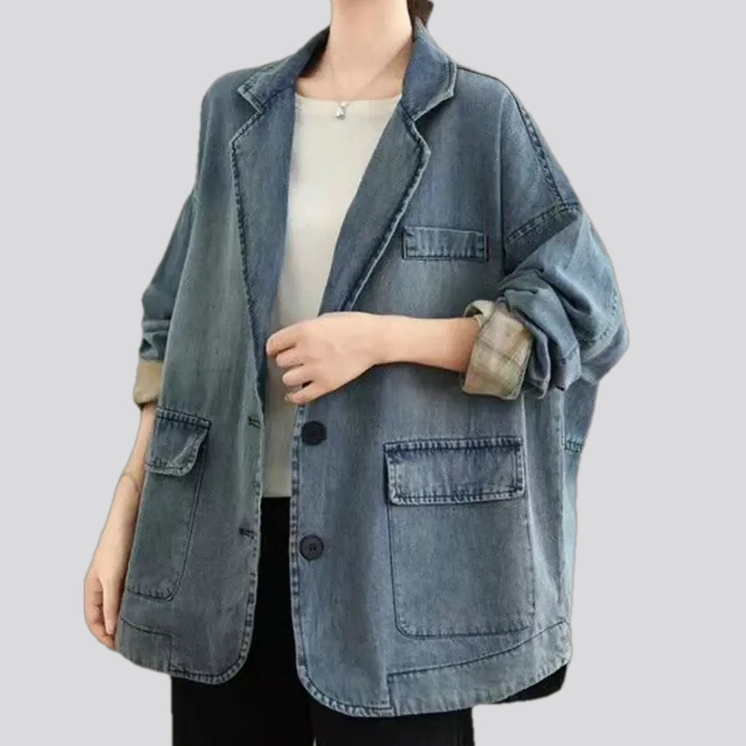 Boho style retro plaid cuff denim blazer for women