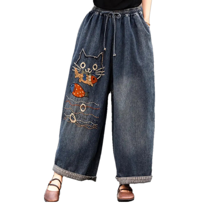 Mid Rise Boho Cat Design Women's Jean Pants - Dark Blue