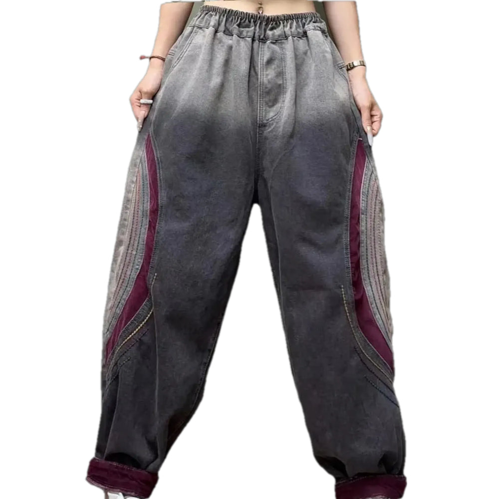 Velvet Trim and Boho Women's Denim Joggers - Grey