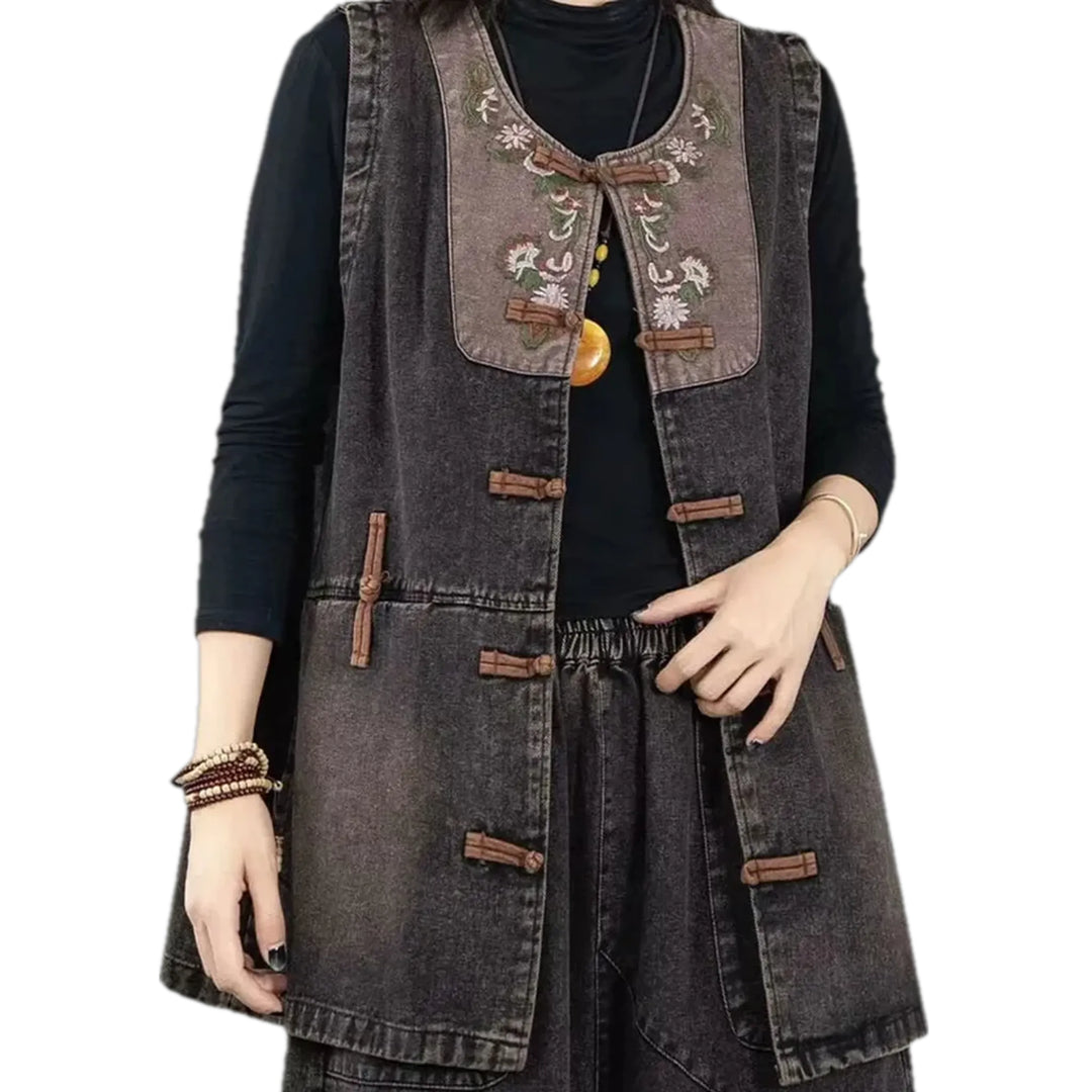 Extra Large Fit Boho Vintage Women's Denim Vest - Grey