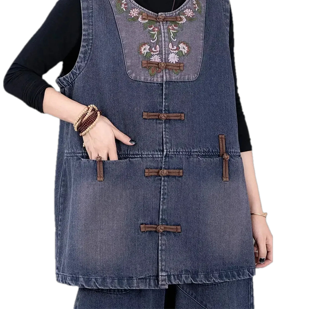 Extra Large Fit Boho Vintage Women's Denim Vest - Blue