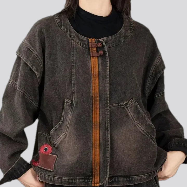 Floral Collarless Retro Women's Jean Jacket | Jeans4you.shop