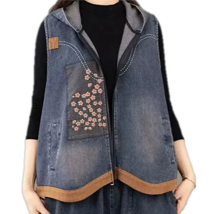 Floral Oversized Jeans Vest for Ladies - Blue