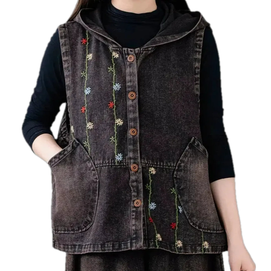 Boho Floral Oversized Women's Jeans Vest - Grey