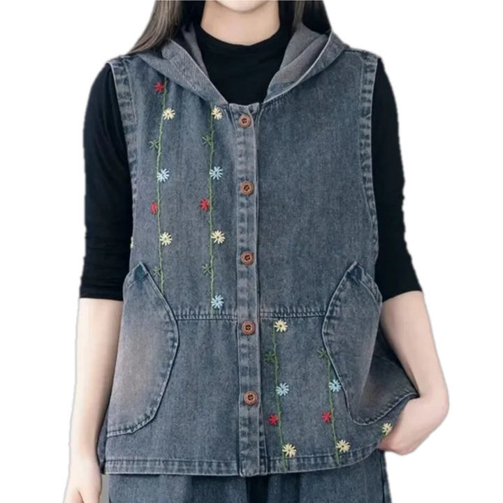 Boho Floral Oversized Women's Jeans Vest - Blue