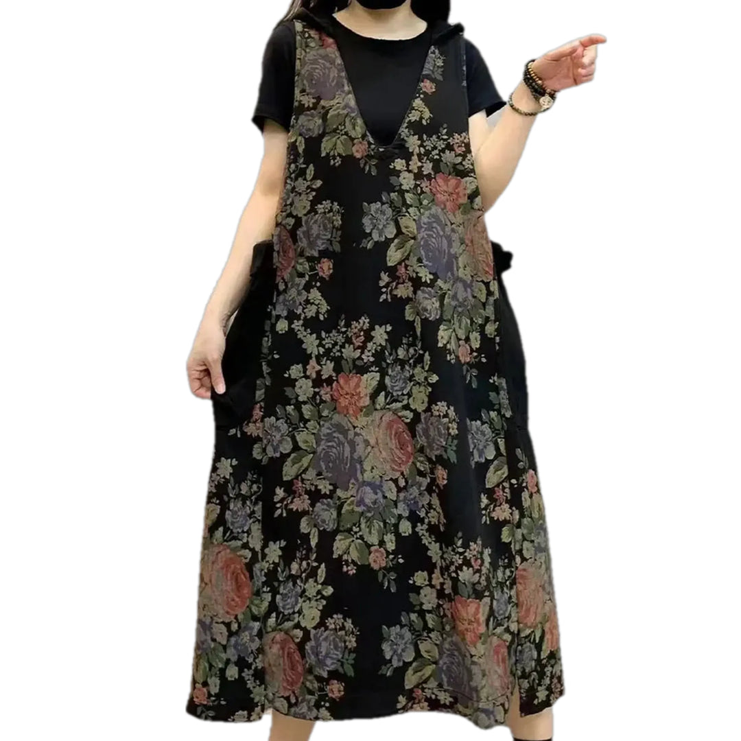 Cargo Pockets Boho Floral Denim Dress - Brown