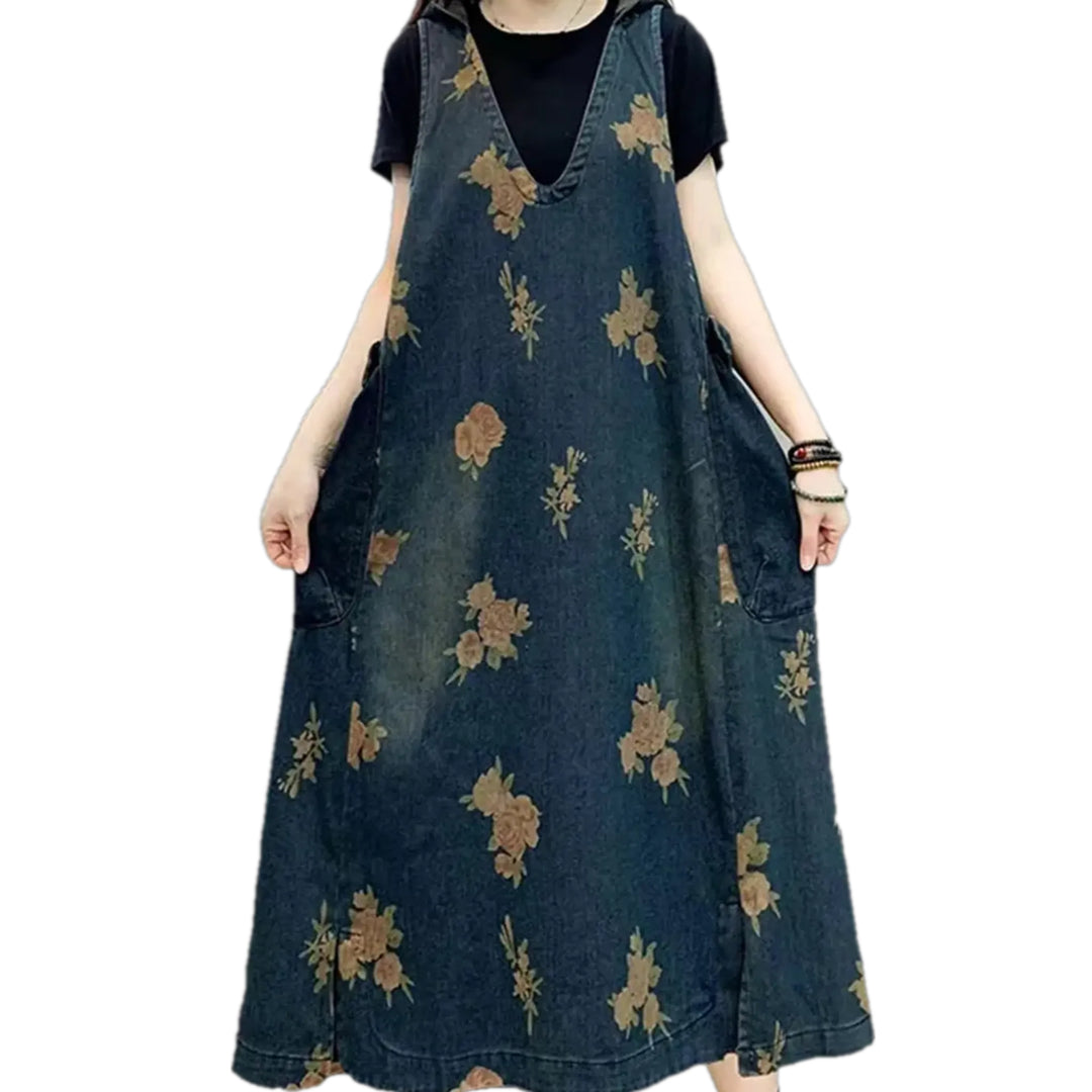 Cargo Pockets Boho Floral Denim Dress - Dark Blue