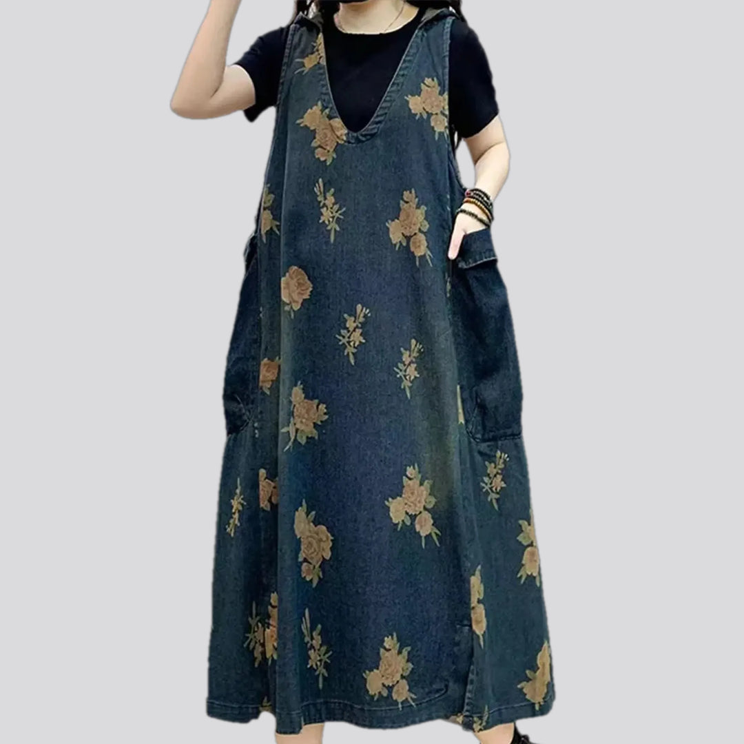 Cargo pockets boho floral denim dress