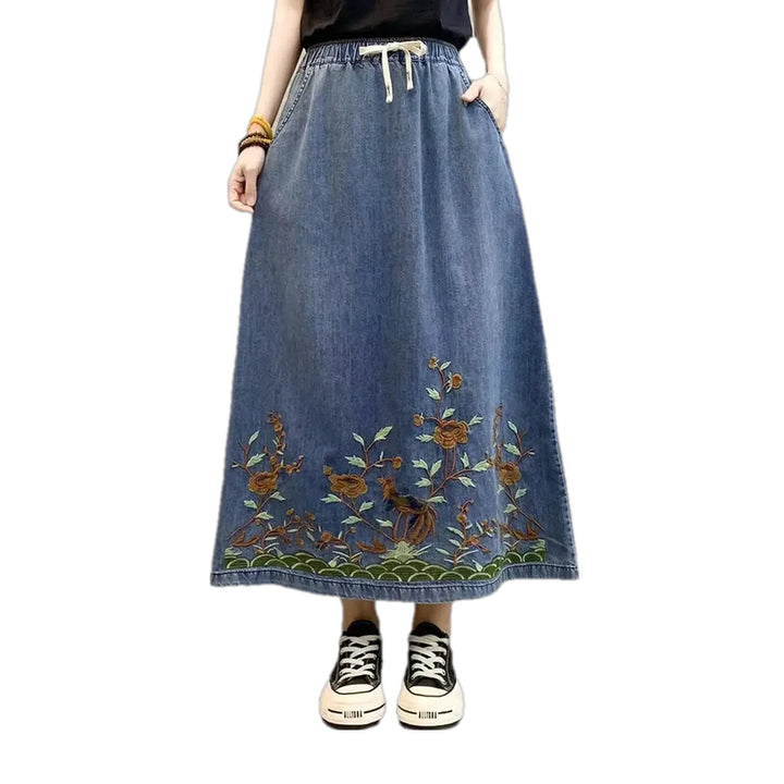 High Waist Botanical Jeans Skirt - Blue