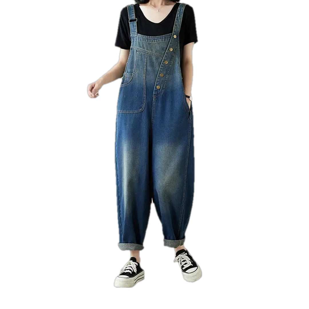 Street Style Baggy Abraded Women's Denim Dungaree - Blue