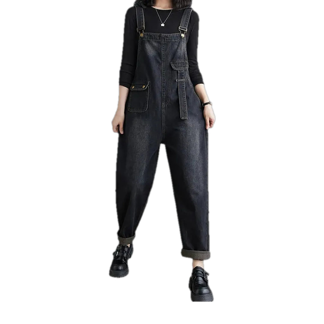 Retro Street Style Cuffed Hem Women's Jean Bib - Black