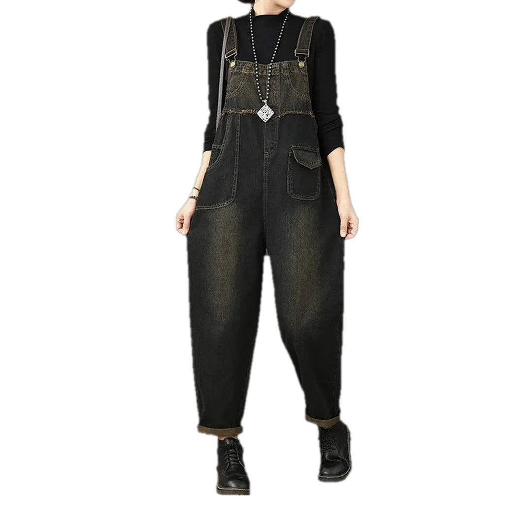 Smoothed Vintage Baggy Fit Women's Denim Dungaree - Black