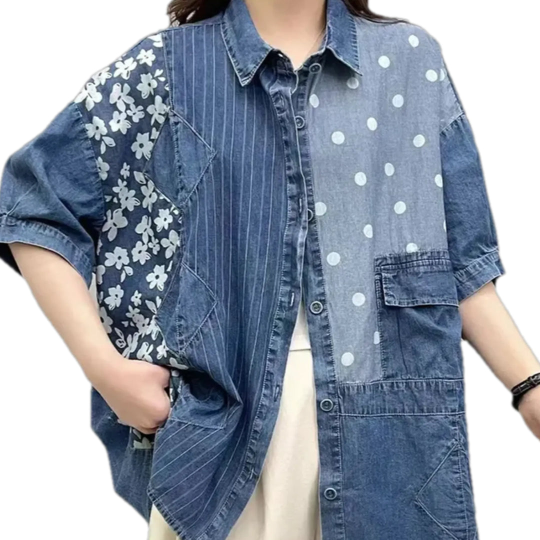 Fashionable Striped Patchwork Women's Jean Shirt - Blue