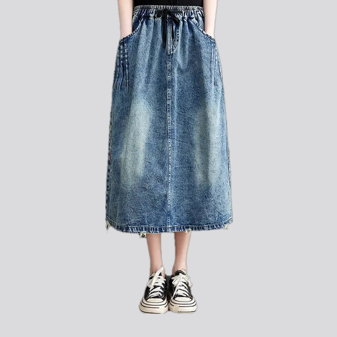 Boho style raw hem denim skirt