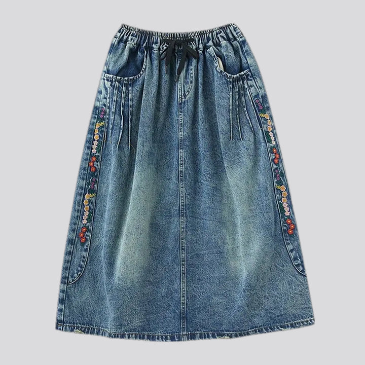 Boho style raw hem denim skirt