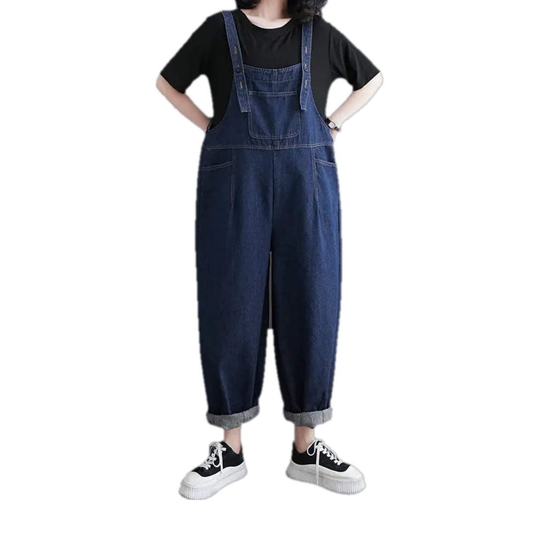 Dark Pattern Baggy Fit 90s Denim Bib for Women - Dark Blue