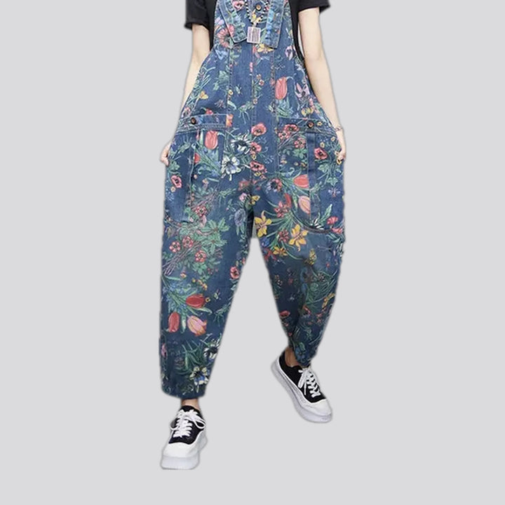 Floral print denim overall for ladies