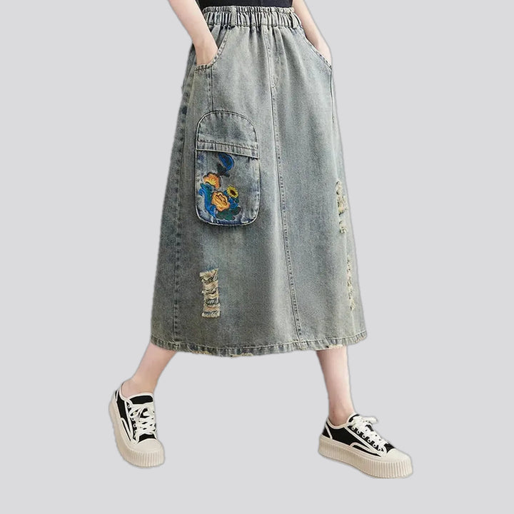 High waist floral denim skirt